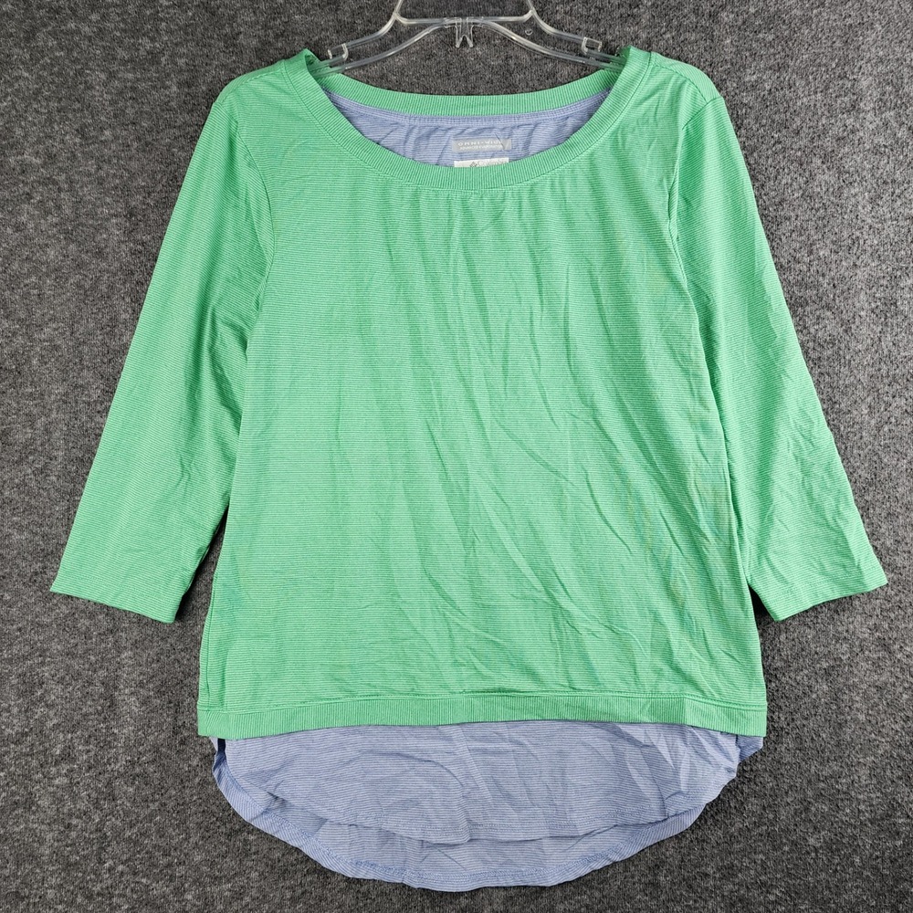 Columbia PFG Top Womens XS Green Striped Omni-Wick 3/4 Sleeve‎ High-Low Hem